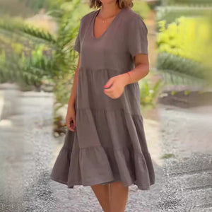 Cotton linen v-neck solid color dress
